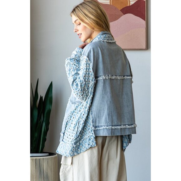 Oli & Hali Washed Contrast Sleeve Denim Button Down Jacket NWOT Size Medium - Picture 8 of 9